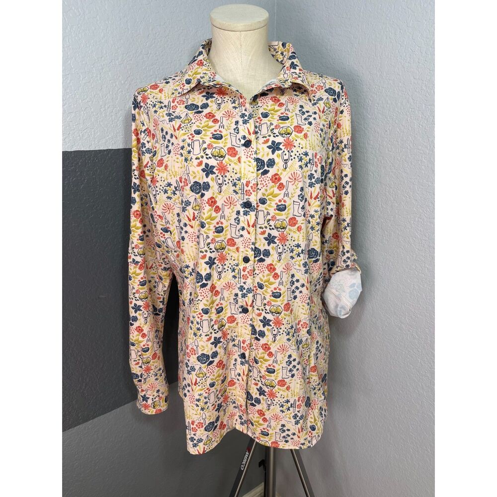 Duluth Trading Co. Garden Tool Print Shirt L Wrinklefighter Roll Tab Cottagecore - Picture 6 of 11